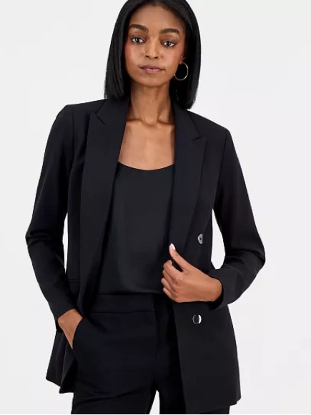 Bar III Black Open Bi-Stretch Faux Double-Breasted Boyfriend Blazer Size Large